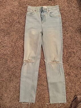 Zara Light Blue Straight-Leg Distressed Jeans